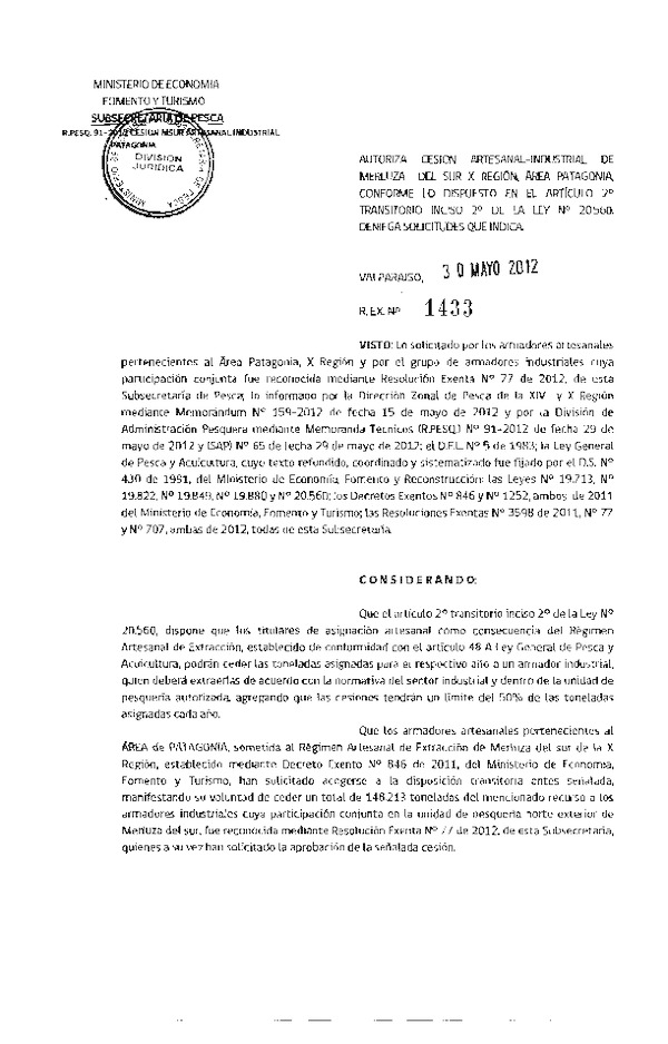 Res. Ex. N° 1433-2012 Autoriza cesión Merluza del sur X Región.