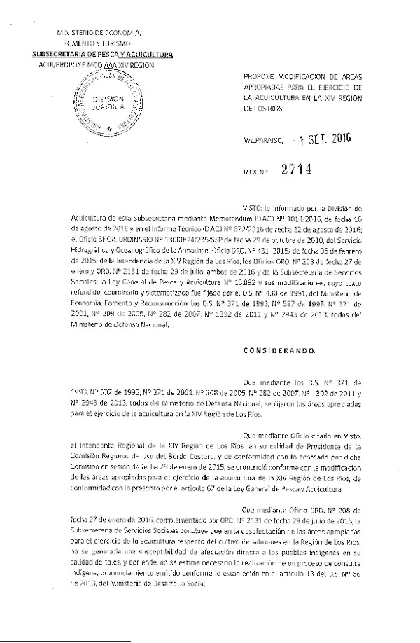 Res. Ex. N° 2714-2016 Propone Modificación de Áreas Apropiadas para el Ejercicio de la Acuicultura en la XIV Región.