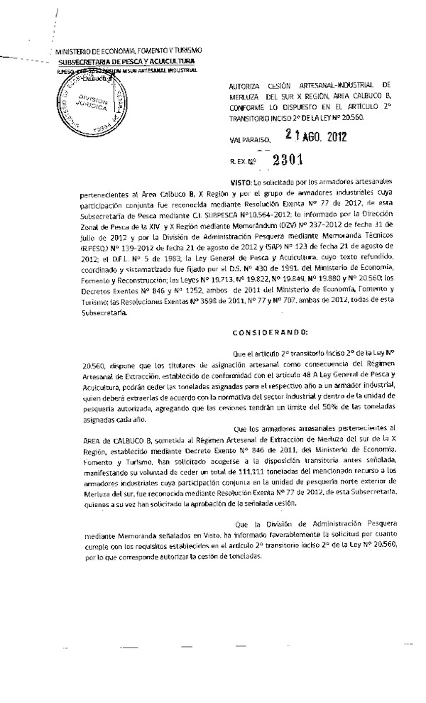 Res. Ex. N° 2301-2012 Autoriza cesión Merluza del sur X Región.