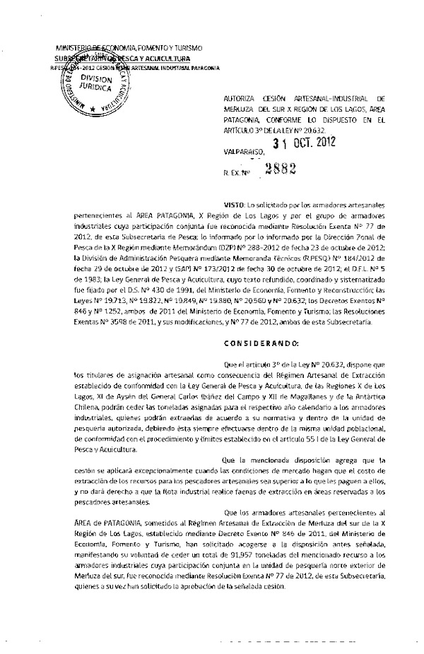 Res. Ex. N° 2882-2012 Autoriza cesión Merluza del sur X Región.