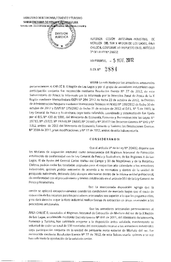 Res. Ex. N° 2884-2012 Autoriza cesión Merluza del sur X Región.