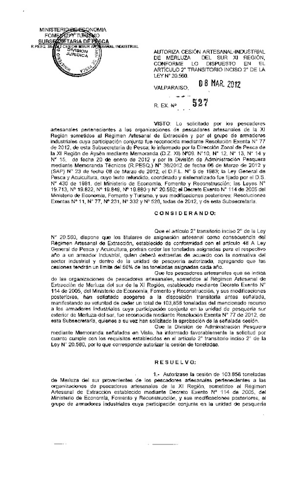 Res. Ex. N° 527-2012 Autoriza cesión Merluza del sur XI Región.