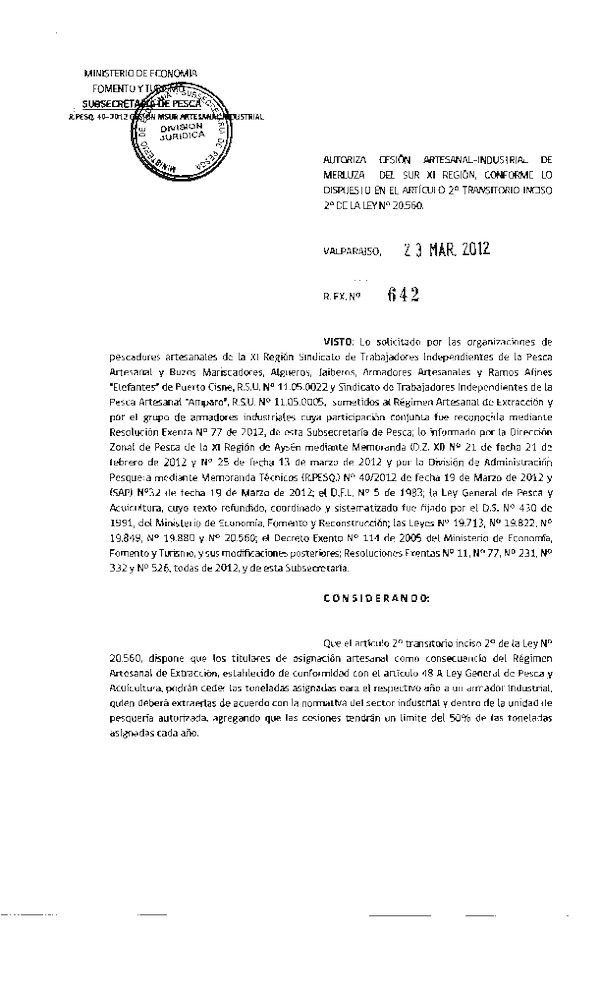 Res. Ex. N° 642-2012 Autoriza cesión Merluza del sur XI Región.