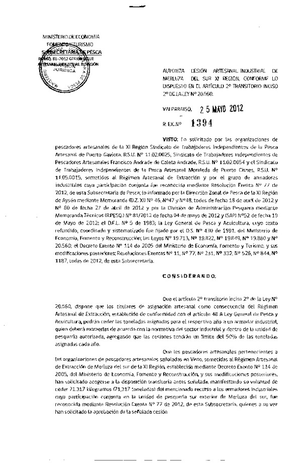 Res. Ex. N° 1394-2012 Autoriza cesión Merluza del sur XI Región.