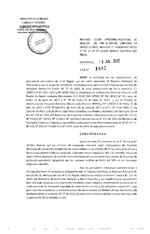 Res. Ex. N° 1887-2012 Autoriza cesión Merluza del sur XI Región.