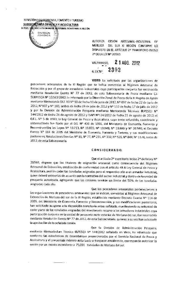 Res. Ex. N° 2302-2012 Autoriza cesión Merluza del sur XI Región.