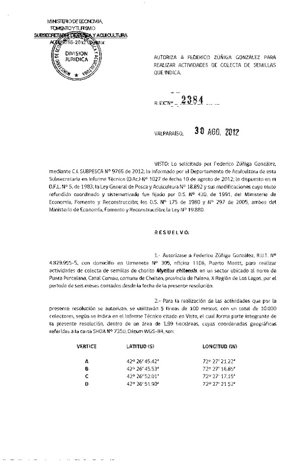 Res. Ex. N° 2834-2012 Autoriza cesión Merluza del sur XI Región.