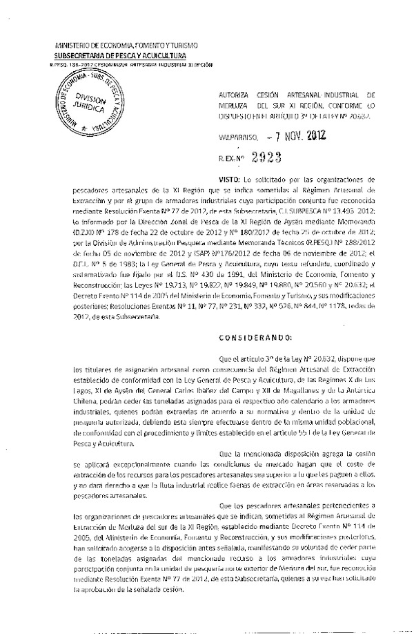 Res. Ex. N° 2923-2012 Autoriza cesión Merluza del sur XI Región.