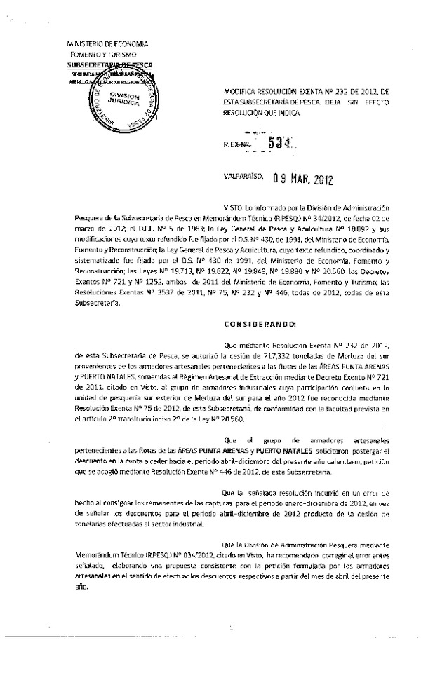 Res. Ex. N° 534-2012 Modifica Res. Ex. N° 232-2012.