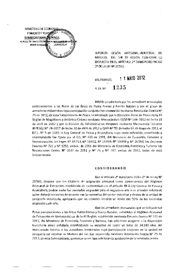 Res. Ex. N° 1235-2012 Autoriza cesión Merluza del sur XII Región.