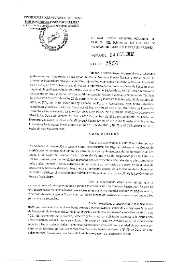 Res. Ex. N° 2856-2012 Autoriza cesión Merluza del sur XII Región.