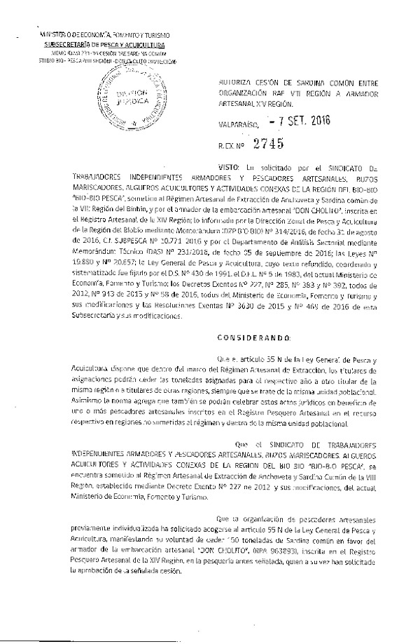 Res. Ex. N° 2745-2016 Autoriza Cesión Sardina común, VIII a XIV Región.