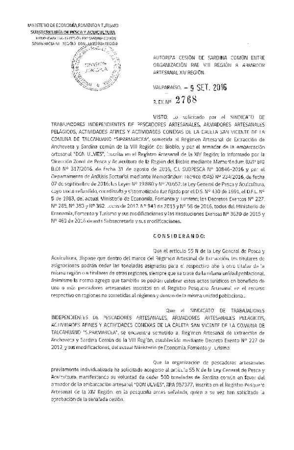 Res. Ex. N° 2768-2016 Autoriza Cesión Sardina común, VIII a XIV Región.