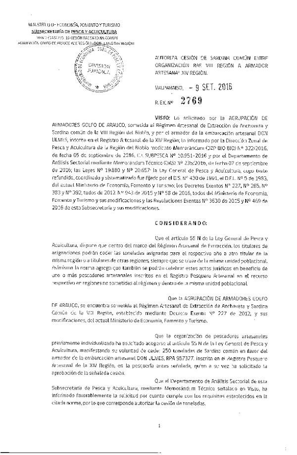 Res. Ex. N° 2769-2016 Autoriza Cesión Sardina común, VIII a XIV Región.