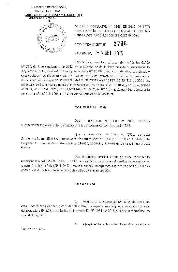 Res. Ex. N° 2766-2016 Modifica Res. Ex. N° 1148-2016 Fija densidad de cultivo para la Agrupación de concesión de Salmonidos 22 B, XI Región.