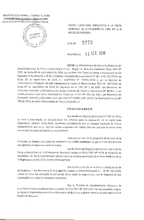 Res. Ex. N° 2773-2016 Asigna Cuota para Imprevistos a la Cuota Artesanal de la Pesquería de Jurel en la III Rergión. (Publicado en Página Web 12-09-2016)