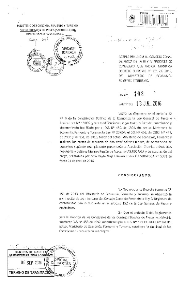 D.S. N° 103-2016 acepta Renuncia al Consejo Zonal de Pesca de la III-IV Regiones de Consejero que Indica. Modifica D.S. N° 151-2013. (F.D.O. 13-09-2016)