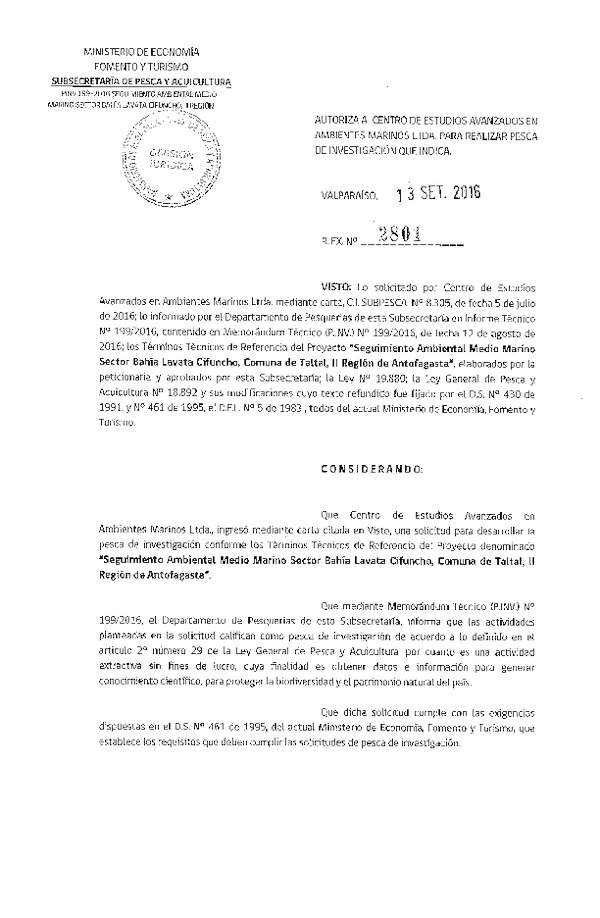 Res. Ex. N° 2801-2016 Seguimiento ambiental medioi marino, II Región.