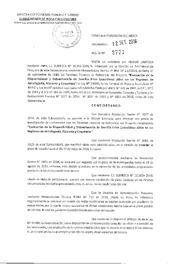 Res. Ex. N° 2777-2016 Deniega Autorización.
