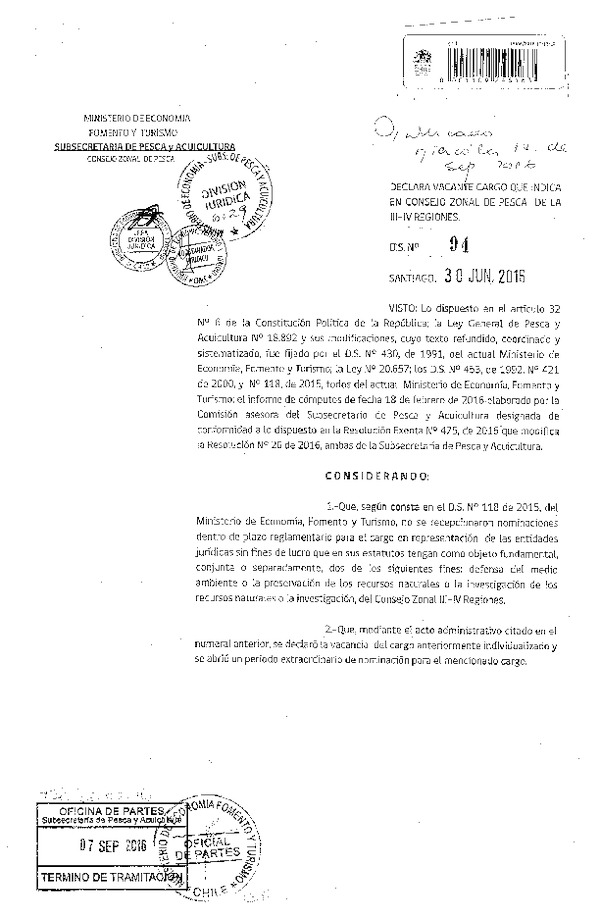 D.S. Nº 94-2016 Declara Vacante en Consejo Zonal de Pesca de la III-IV Región el Cargo en Representación de las Entidades Jurídicas sin Fines de Lucro del Consejo Zonal III-IV Regiones.