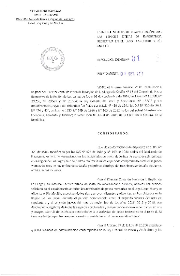 Res. Ex. N° 01-2016 (DZP X) Establece Medidas de Administración para Especies Ícticas de Importancia Recreativa en el Lago Llanquihue t Río Maullín.