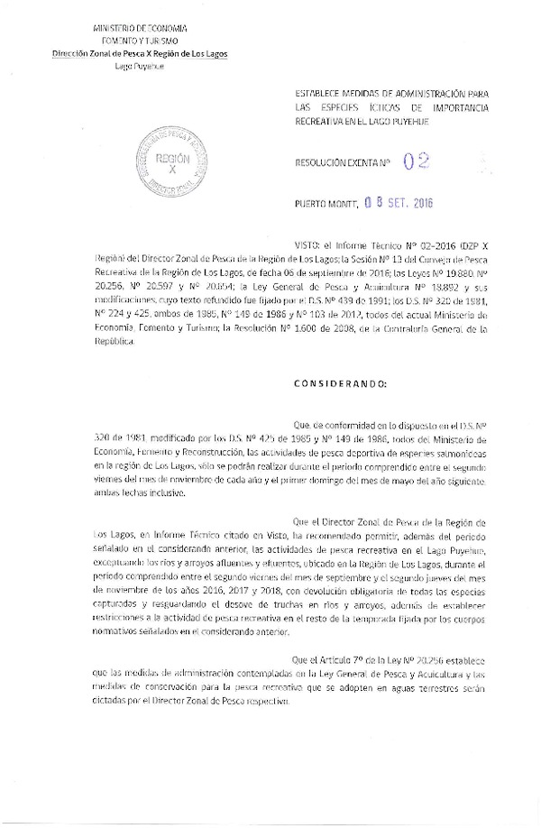 Res. Ex. N° 02-2016 (DZP X) Establece Medidas de Administración para Especies Ícticas de Importancia Recreativa en el Puyehue.