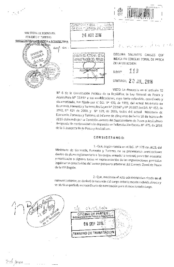 D.S. N° 119-2016 Declara Vacante en el Consejo Zonal de la VIII Región los Cargos Armador Artesanal, Pescador Artesanal y Mariscador o Alguero, en Representación de las Organizaciones Legalmente Constituidas del Sector Pesquero Artesanal. (F.D.O. 16-09-2016)