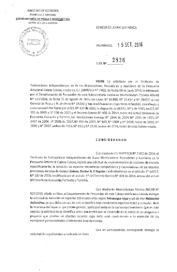 Res. Ex. N° 2826-2016 DENIEGA SOLICITUD.