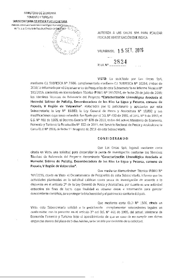 Res. Ex. N° 2824-2016 Caracterización limnológica asociada la Humedal Salinas de Pullally, V Región.