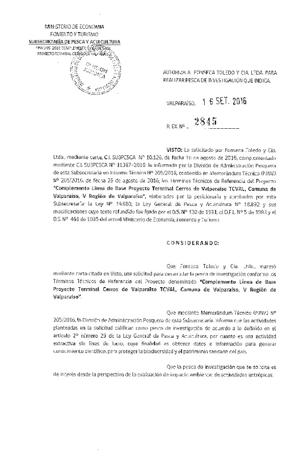 Res. Ex. N° 2845-2016 Complemento línea de base proyecto Terminal Cerros de Valparaíso TCVAL.