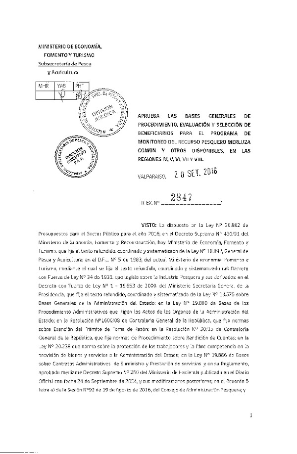 Res. Ex. N° 2847-2016 Aprueba bases generales de procedimiento, evaluación y selección de beneficiarios.