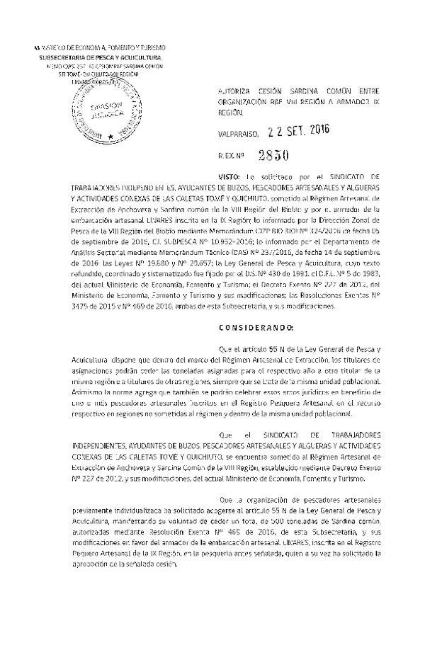 Res. Ex. N° 2850-2016 Autoriza Cesión Sardina común, VIII a IX Región.