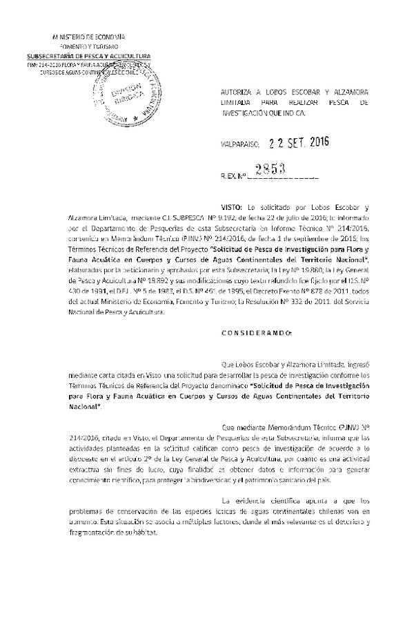 Res. Ex. N° 2853-2016 Flora y fauna acuática en cuerpos y cuesos de aguas continentales del Territorio Nacional.