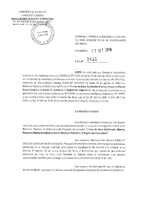 Res. Ex. N° 2855-2016 Línea de base ambiental marina proyecto planta desalinizadora den Bahía de Quintero, V Región.