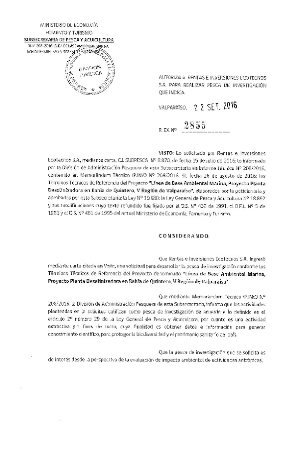 Res. Ex. N° 2855-2016 Línea de base ambiental marina proyecto planta desalinizadora den Bahía de Quintero, V Región.