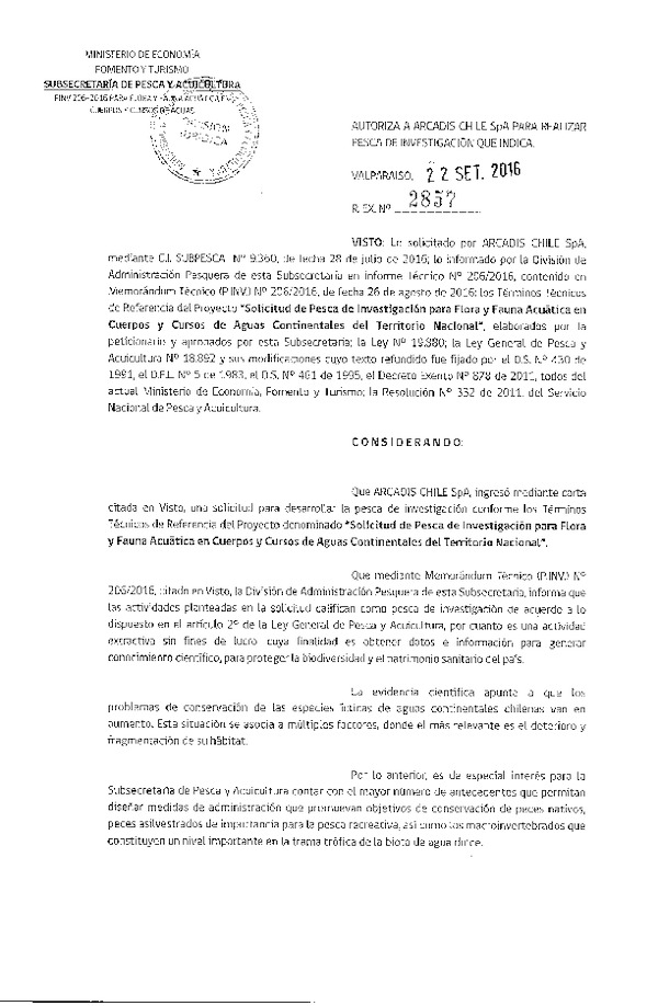 Res. Ex. N° 2857-2016 Flora y fauna acuática en cuerpos y cuesos de aguas continentales del Territorio Nacional.