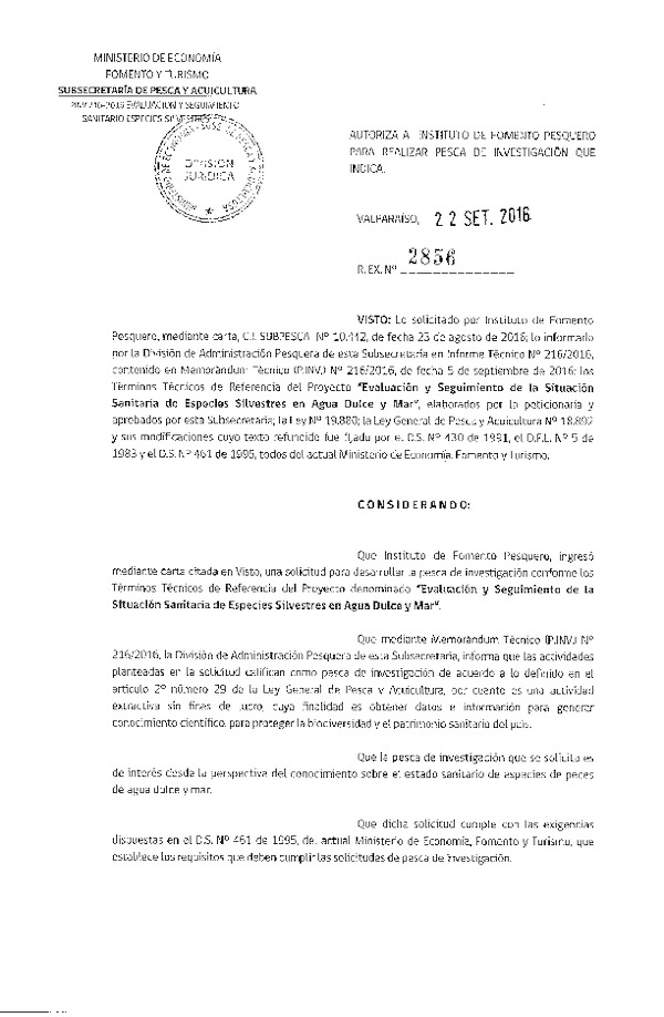 Res. Ex. N° 2856-2016 Evalución y seguimiento de la situación sanitaria de especies en agua dulce y mar.