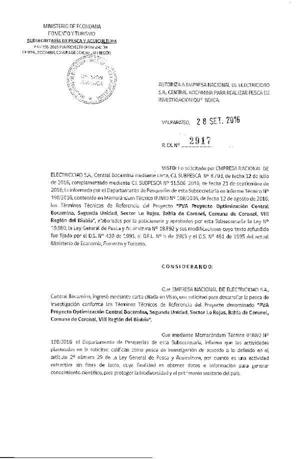 Res. Ex. N° 2917-2016 PVA Proyecto optimización central Bocamina, VIII Región.