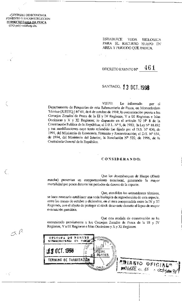 Dec. Ex. N° 461-1998 Establece Veda Biológica para el Recurso Huepo, IV-XI Región.