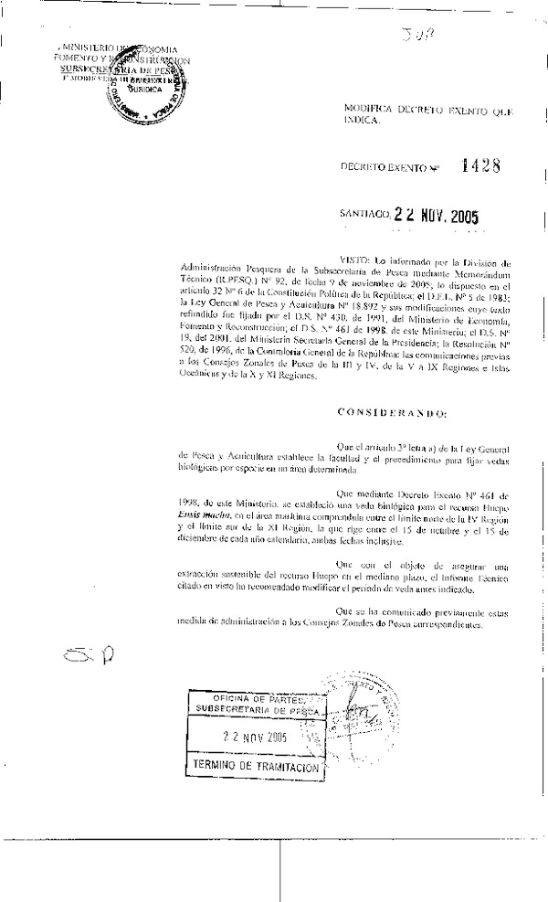 Dec. Ex. N° 1428-2005 Modifica Dec. Ex. N° 461-1998 Establece Veda Biológica para el Recurso Huepo, IV-XI Región.