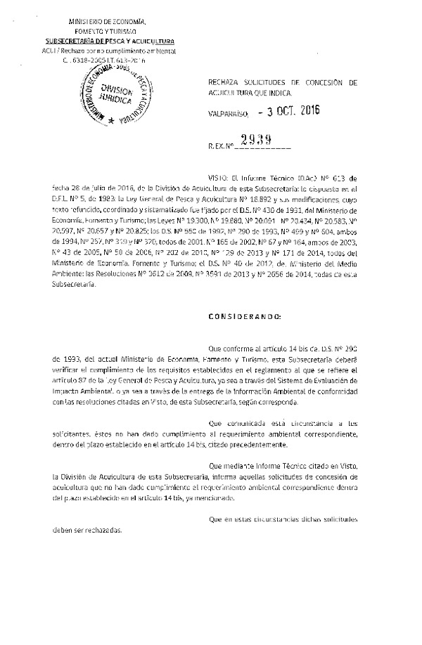 Res. Ex. N° 2939-2016 Rechaza solicitudes de concesión de acuicultura acuicultura que indica.