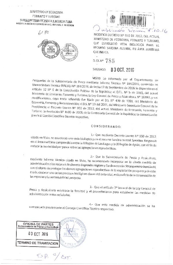 Dec. Ex. N° 785-2016 Modifica Dec. Ex. N° 950-2012 Veda Biológica Recursos Sardina Austral, X-XI Región. (Publicado en Página Web 04-10-2016)