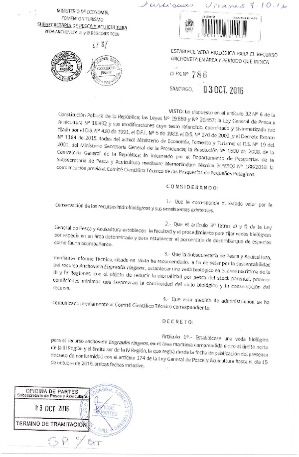 Dec. Ex. N° 786-2016 Establece Veda Biológica para el Recursos Anchoveta , III-IV Región. (Publicado en Página Web 04-10-2016)