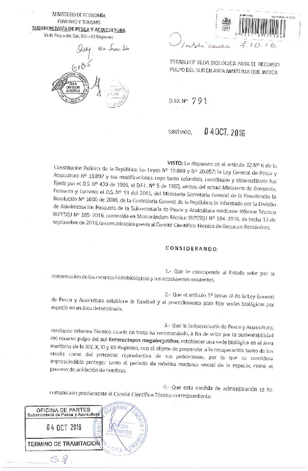 Dec. Ex. N° 791-2016 Establece Veda Biológica para el Recurso Pulpo del sur, XIV-XII Regiones. (Publicado en Página Web 05-10-2016)