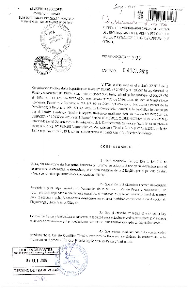 Dec. Ex. Nº 792-2016 Suspende Temporalmente Veda Extractiva del Recuros Macha Palya Pangal, X Región, y Establece Cuota de Captura. (Publicado en Página Web 05-10-2016)