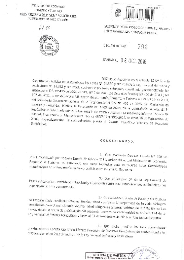 Dec. Ex. N° 793-2016 Suspende Veda Biológica Recurso Loco, X Región. (Publicado en Página Web 06-10-2016)