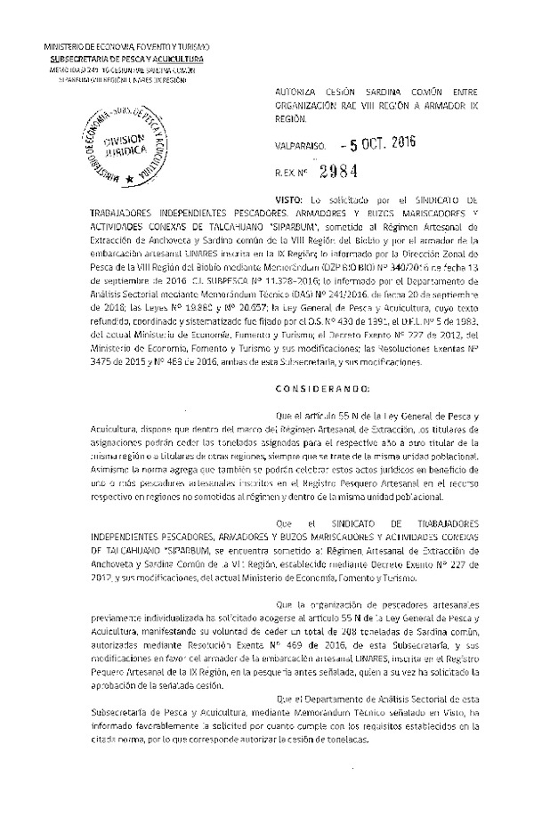 Res. Ex. N° 2984-2016 Autoriza Cesión Sardina común, VIII a IX Región.
