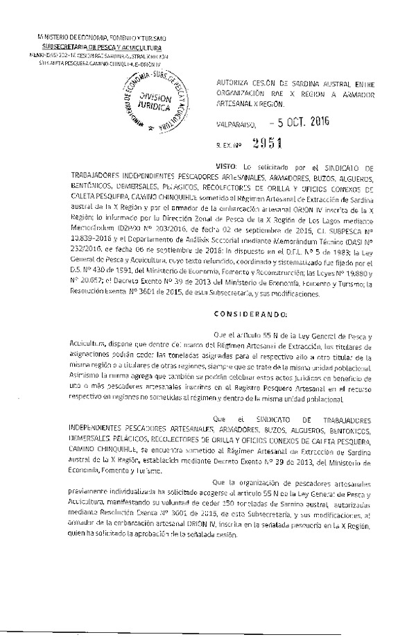 Res. Ex. N° 2951-2016 Autoriza Cesión Sardina austral, X a X Región.