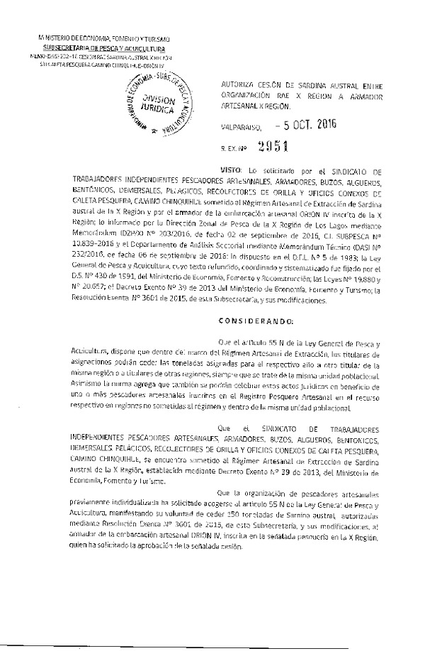 Res. Ex. N° 2951-2016 Autoriza Cesión Sardina austral, X a X Región.