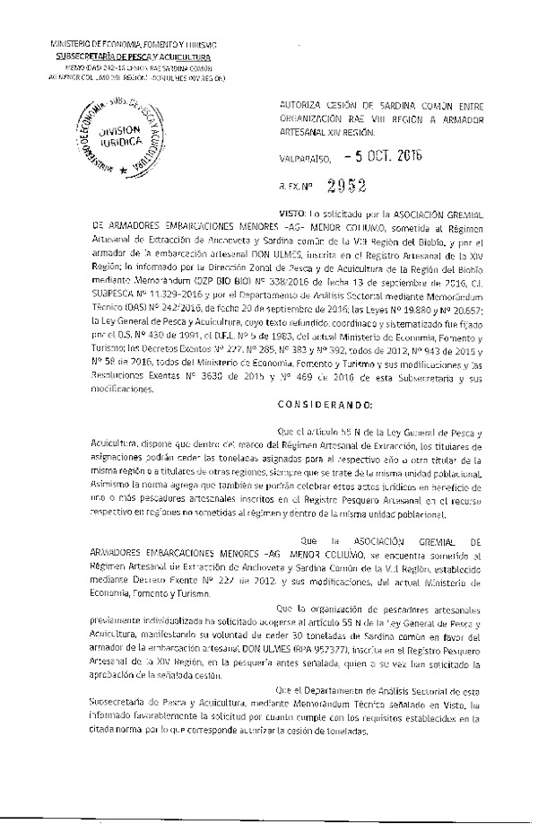Res. Ex. N° 2952-2016 Autoriza Cesión Sardina común, VIII a XIV Región.